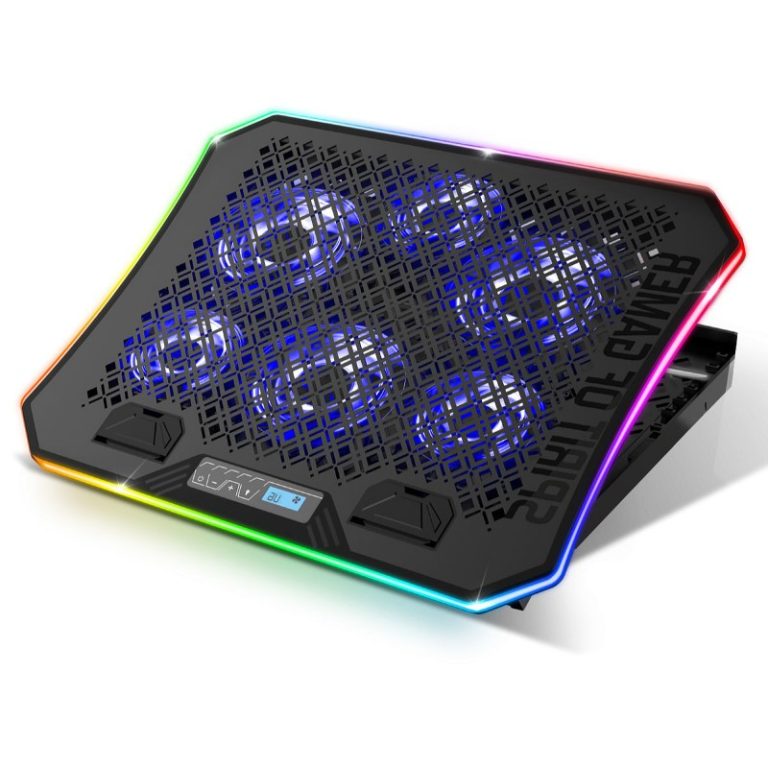 Refroidisseur SPIRIT OF GAMER AIRBLADE 1200 RGB - Pour PC Portable 17" - 6 x ventilateurs led bleu: 3 x 110 mm et 3 x 70 mm avec fonctionnement silencieux - Contrôleur LCD - 6 positions avec inclinaison ajustable de 7° à 50° - Niveau sonore: 26 dB(A) - 2 ports USB 2.0 - Rétroéclairage RGB à 10 modes - Support smartphone inclus - Dimensions: 41,5 x 30 x 3,4 cm - Poids: 730 gr - Couleur: Noir - Garantie: 1 an.